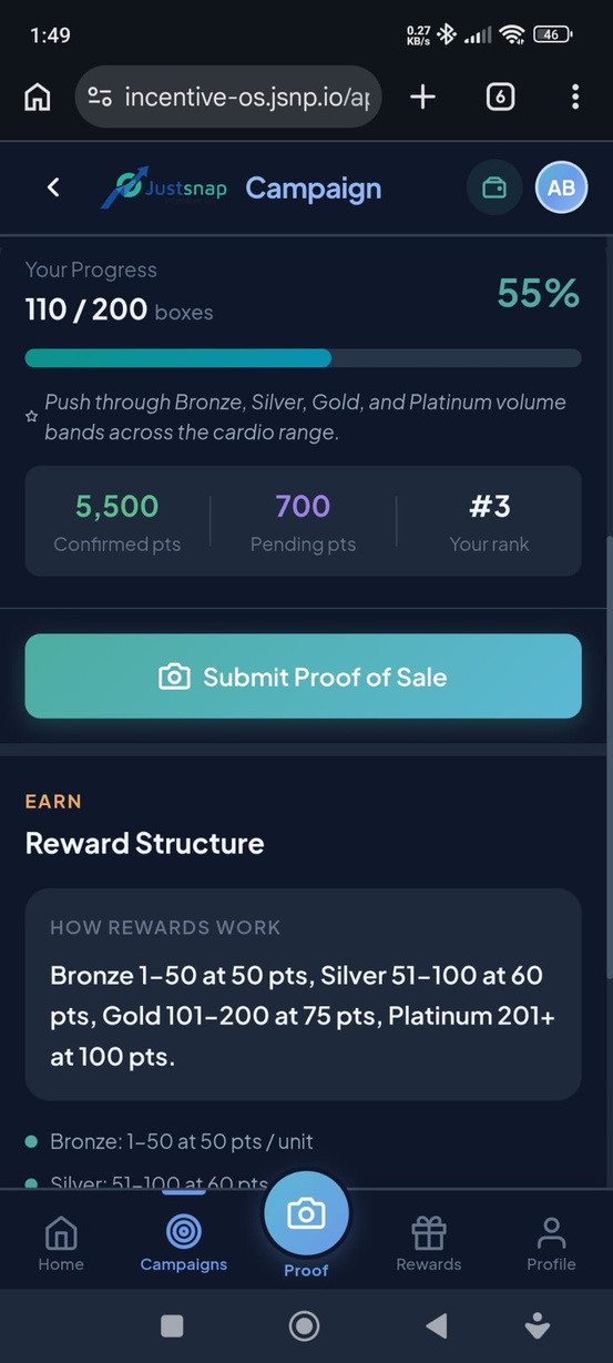 Incentive OS mobile app showing campaign progress and proof-of-sale button